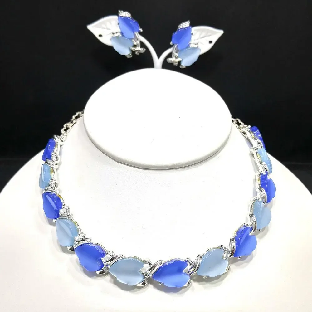 1960s Blue Lucite Leaf Necklace & Clip On Earrings Set Silver Tone Vintage